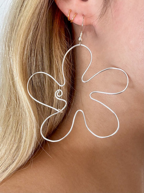 Abstract silver wire flower earrings
