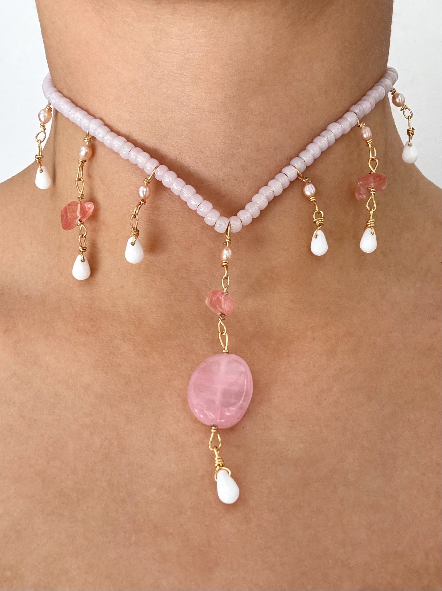 Rose quartz and pearl wire-wrapped choker necklace