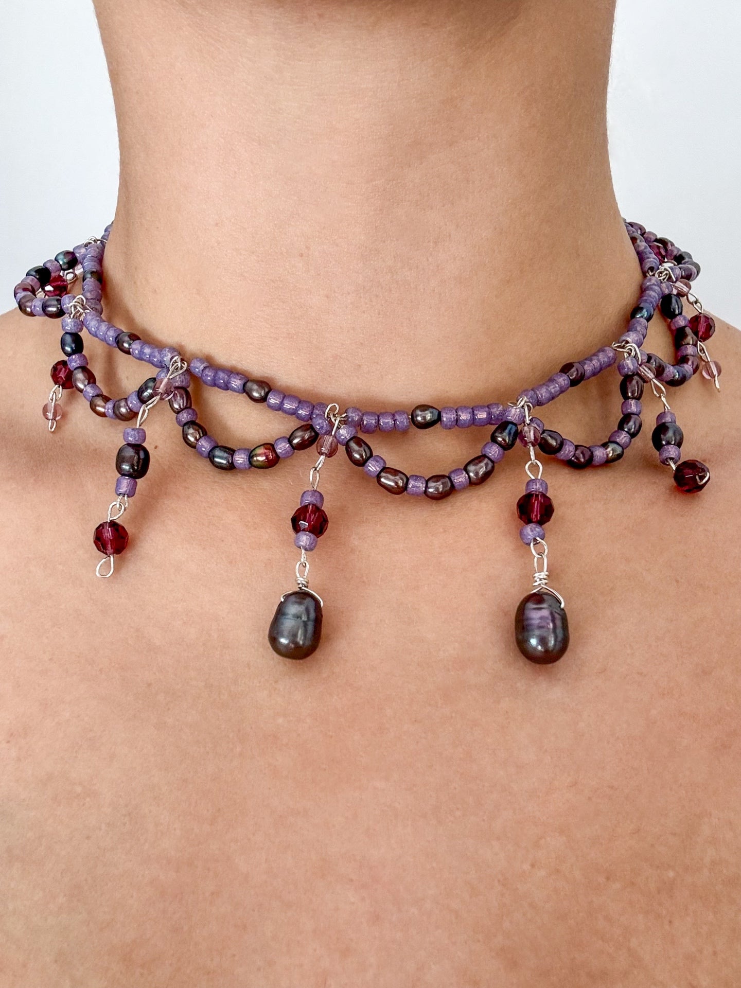 Purple garnet multi-strand wire-wrapped choker necklace