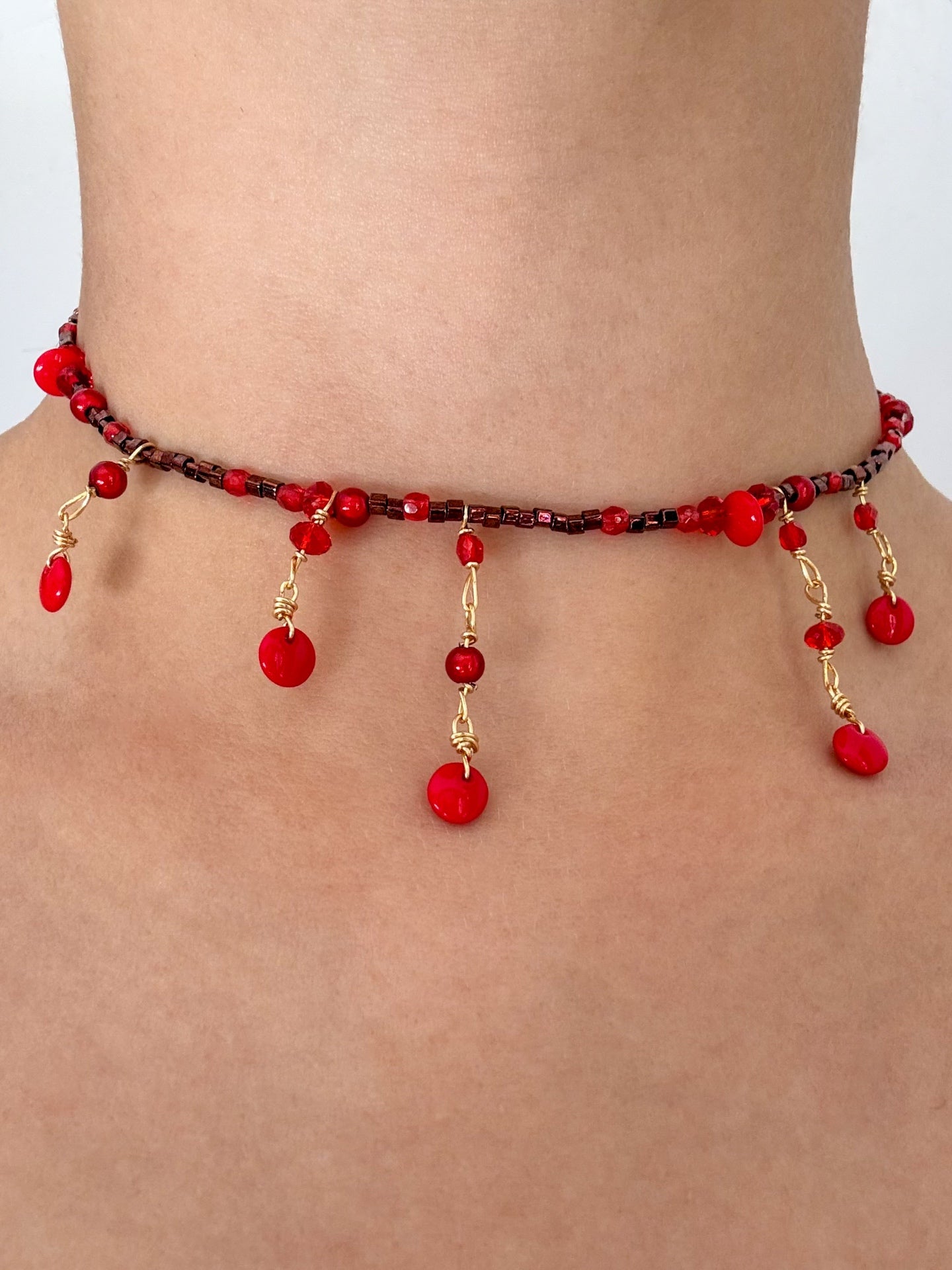Ruby red glass bead wire-wrapped choker necklace